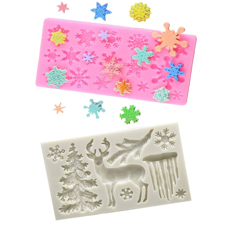 Tvoip 2PCS Christmas Theme Silicone Mold Elk Snowflake Tree Deer Fondant Dessert Ice Cube Candy Chocolate Mold - Image 1